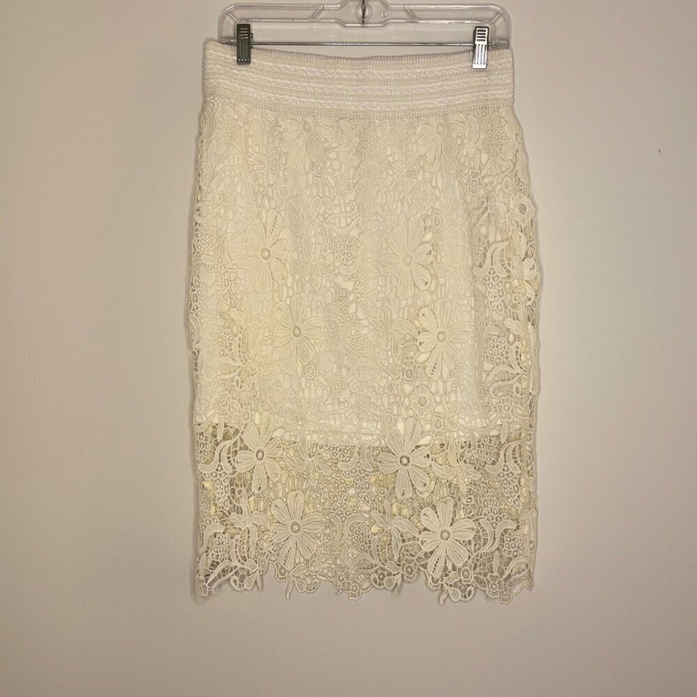 DECREE Flower Lace White Skirt Midi Lined Sz Large Floral Pullon Elastic